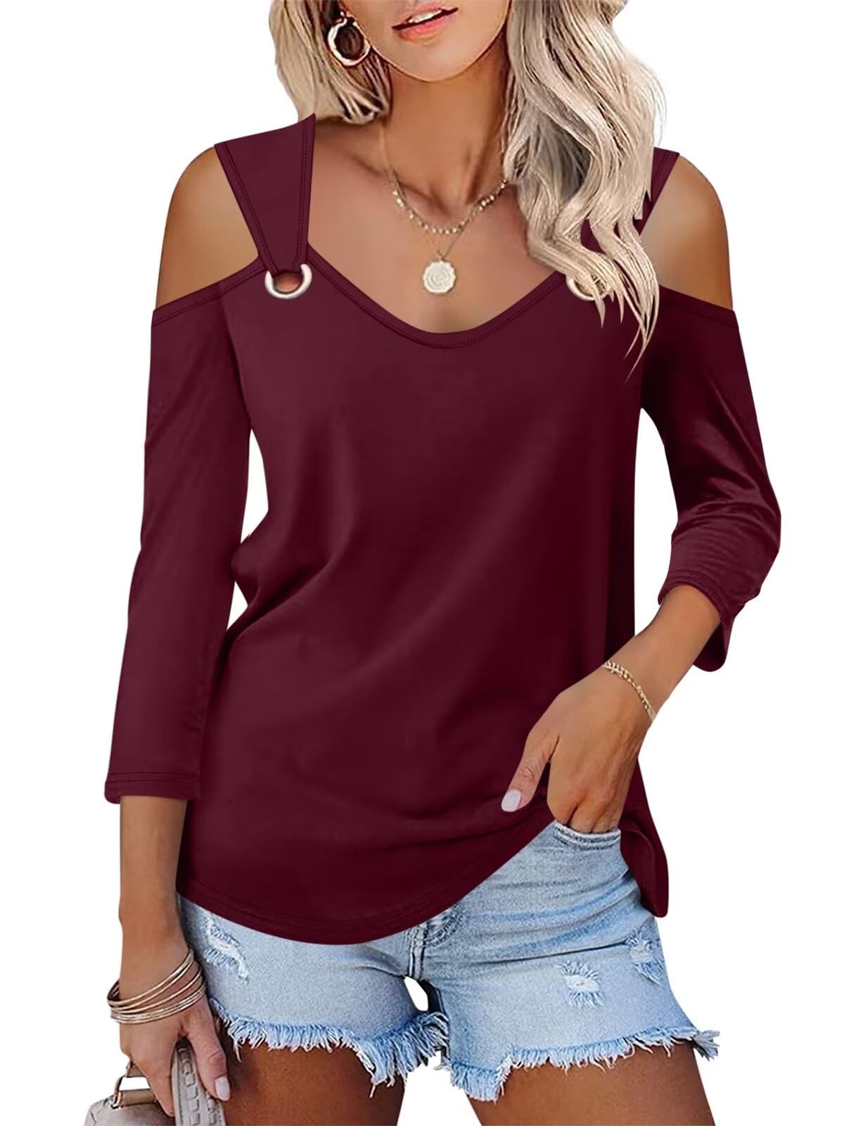 Minetom Womens V Neck 3/4 Sleeve Shirts Cold Shoulder Tops Basic Summer Tees A Wine Red