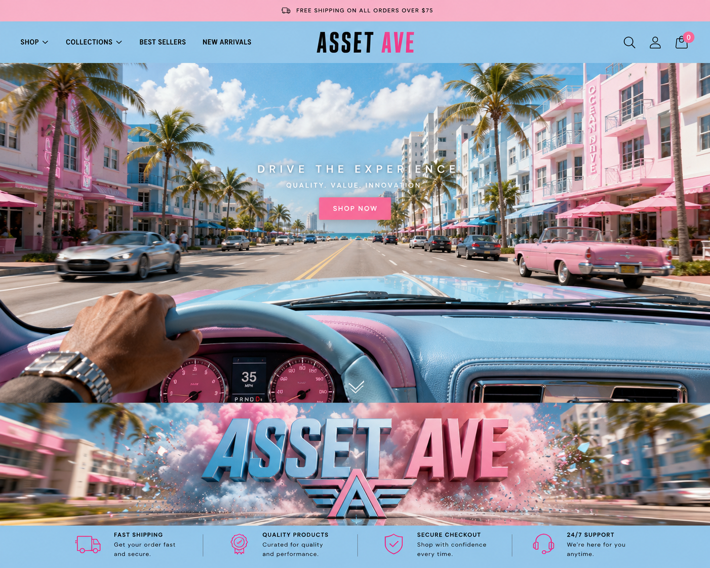 Asset Ave daytime powder blue and pink driving homepage mockup